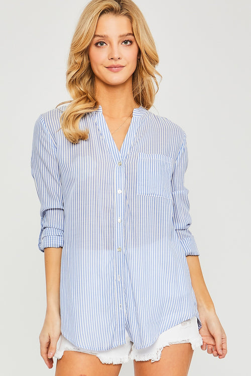 Striped Roll Up Blouse - Blue