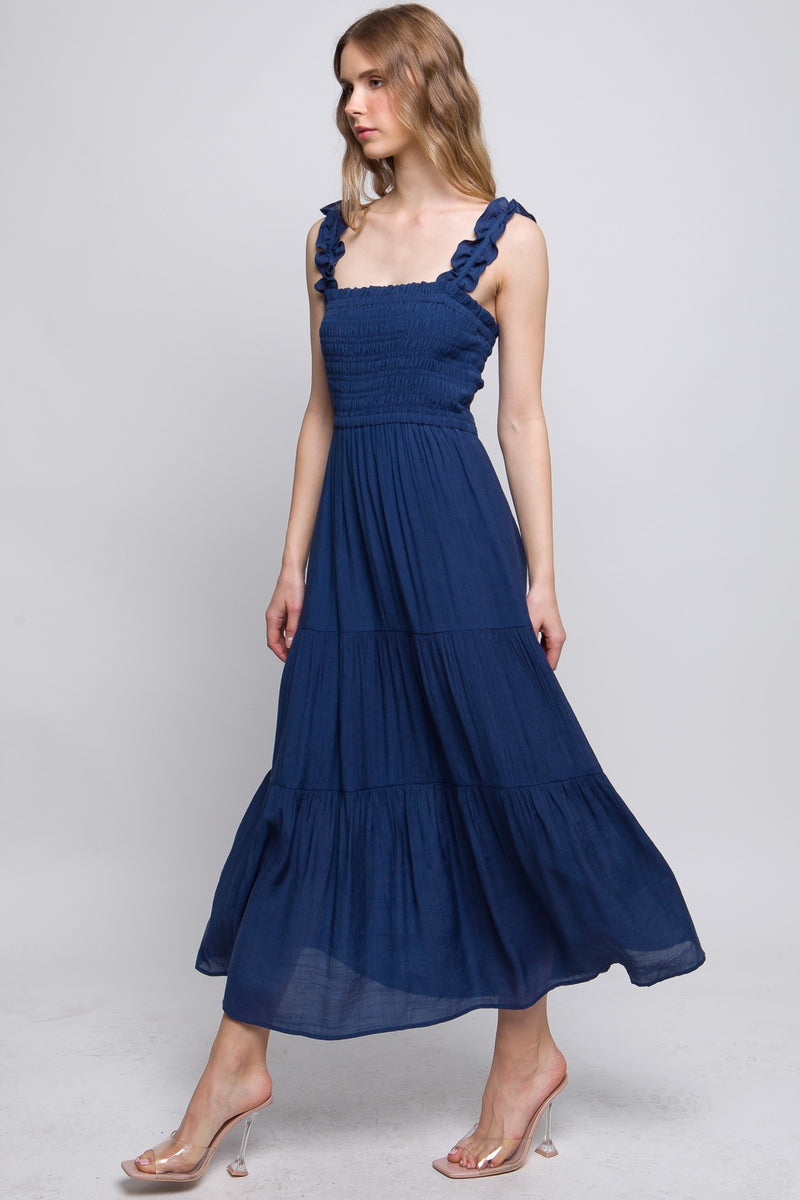 Smocked Bodice Maxi Dress - Navy