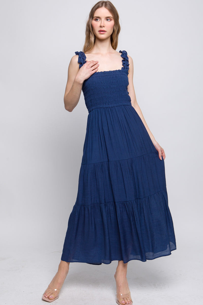 Smocked Bodice Maxi Dress - Navy