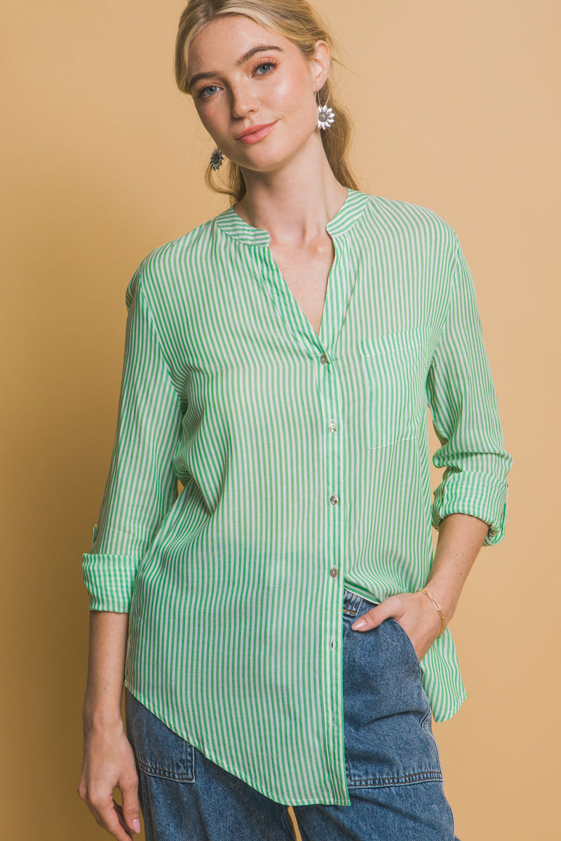 Striped Roll Up Blouse - Green