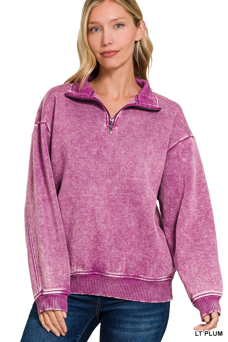Acid Washed Half Zip - Plum