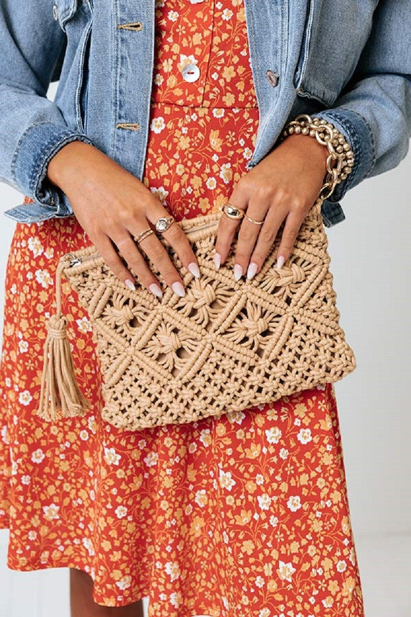 Woven Bohemian Clutch - Camel
