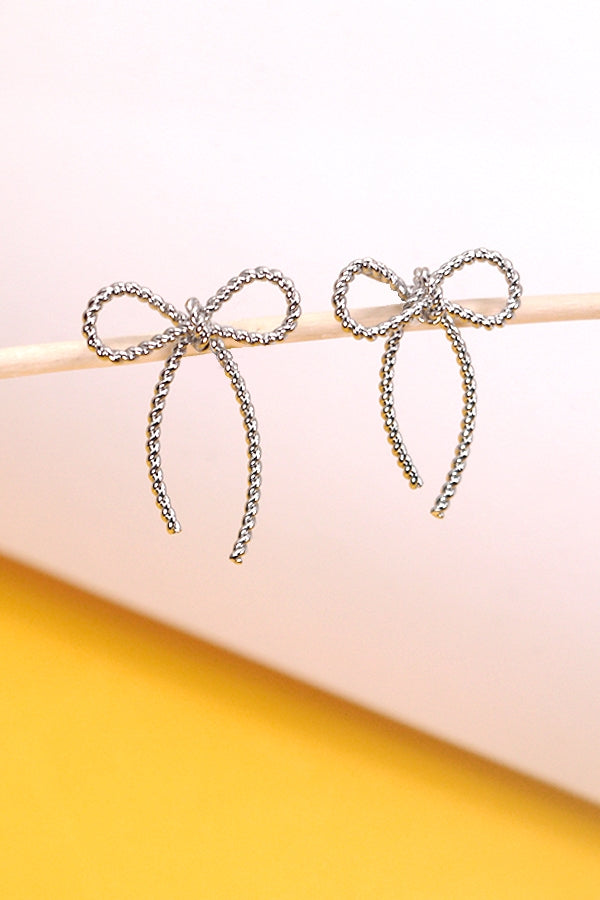 Rope Twist Bow Earrings - Silver