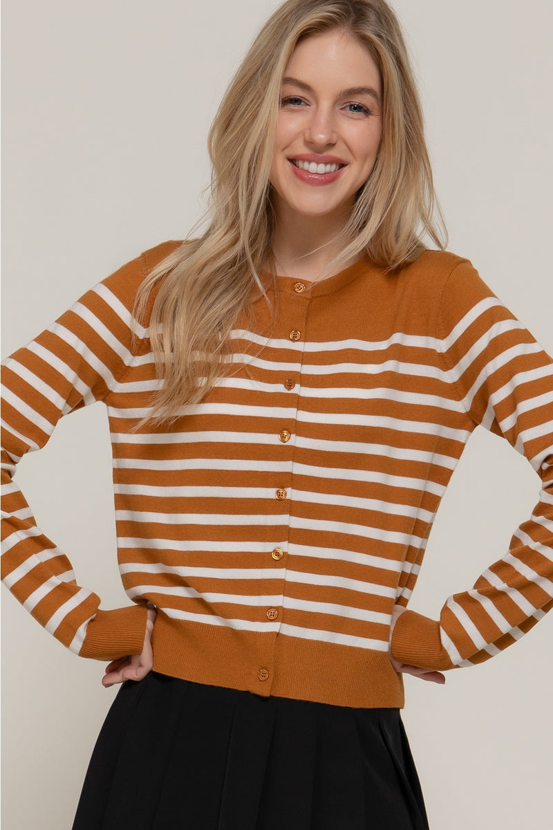Crew Neck Cardigan  - Camel