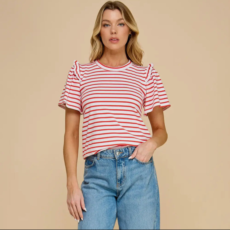 Striped Ruffle Top - Coral Red