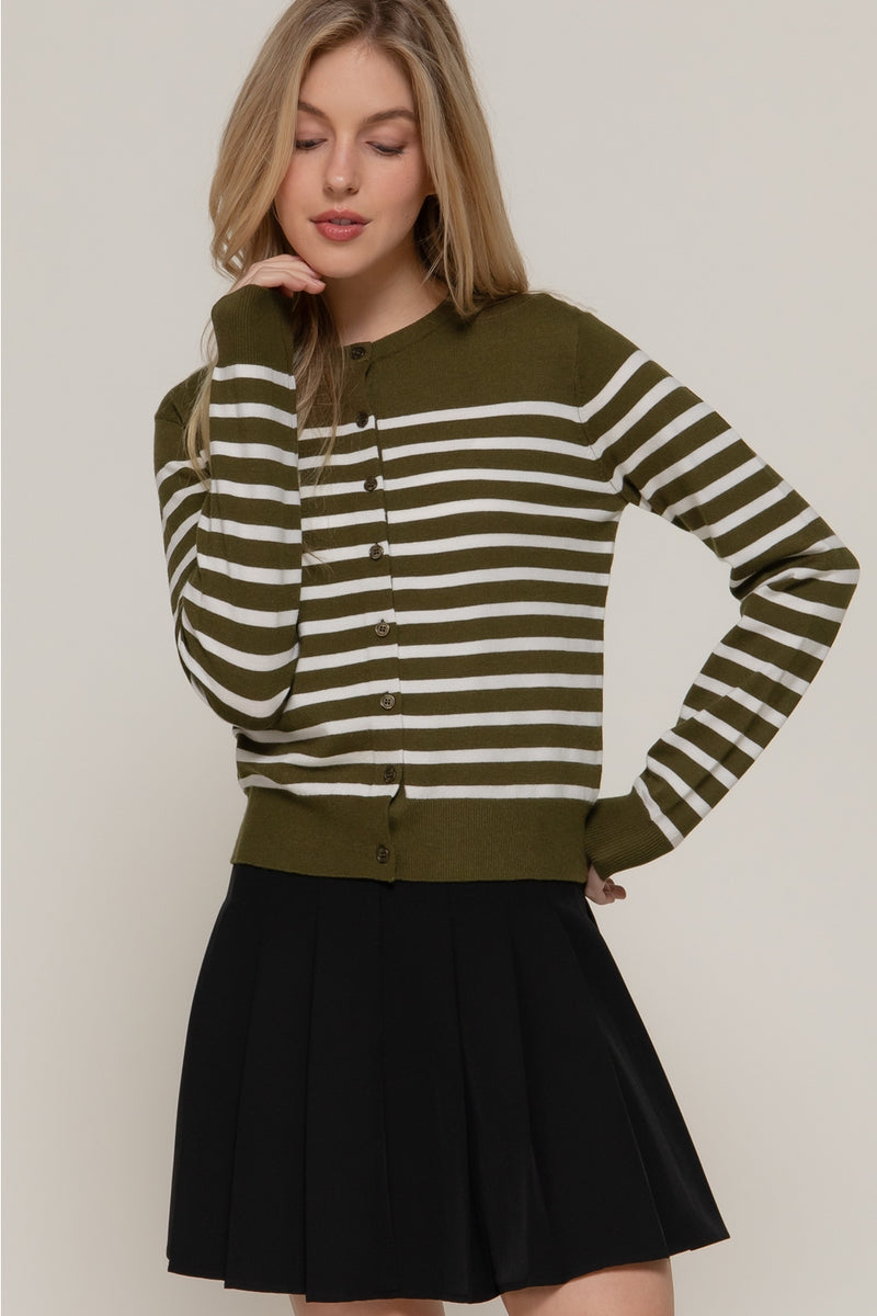 Crew Neck Cardigan  - Olive