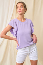 Ruffled Sleeve Ribbed Top - Purple