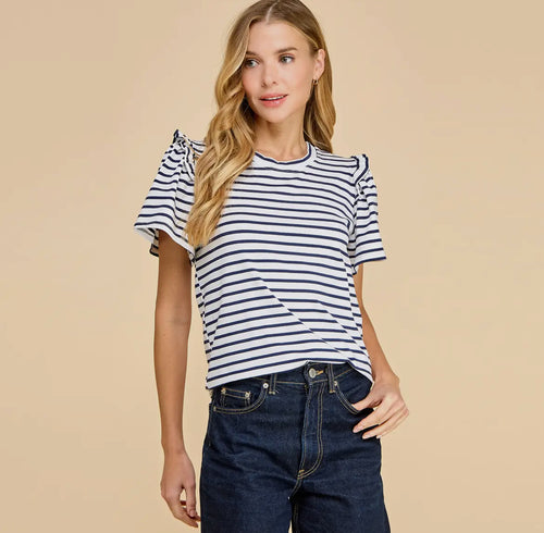 Striped Ruffle Top - Navy