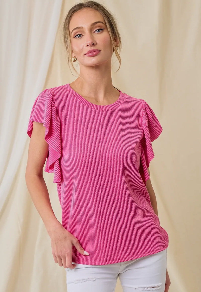 Ruffled Sleeve Ribbed Top - Pink