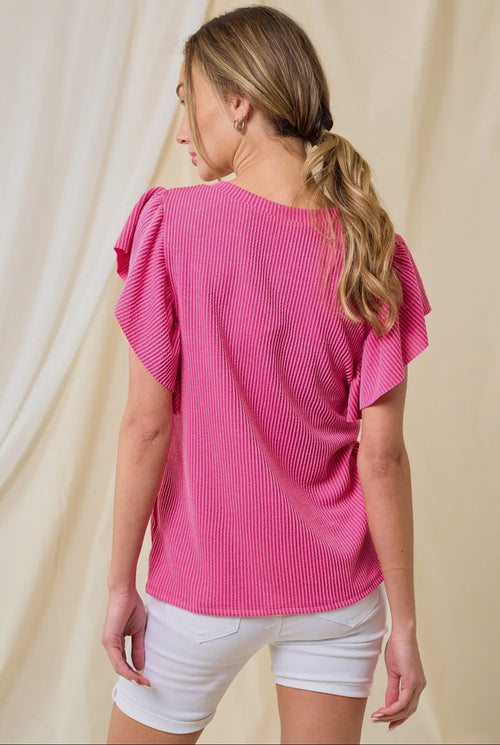 Ruffled Sleeve Ribbed Top - Pink