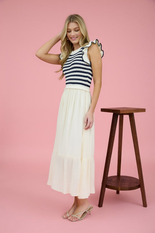 Navy Mixed Media Midi Dress