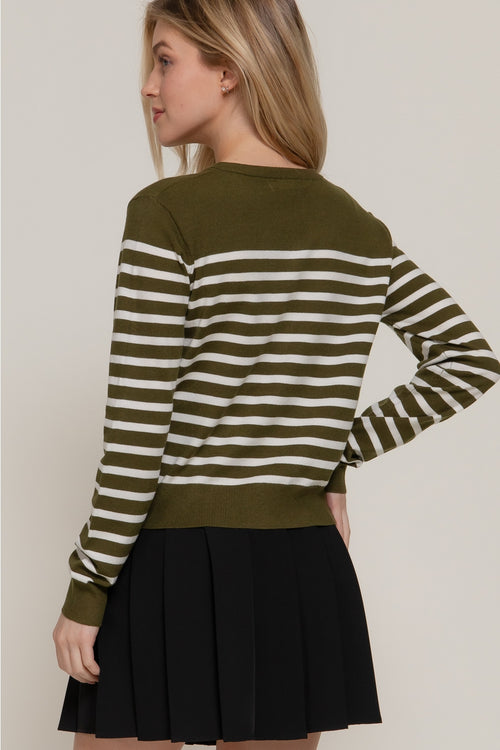 Crew Neck Cardigan  - Olive