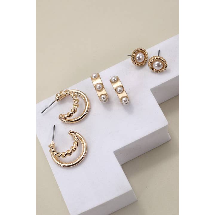 Pearl Hoop Stud Trio Earrings